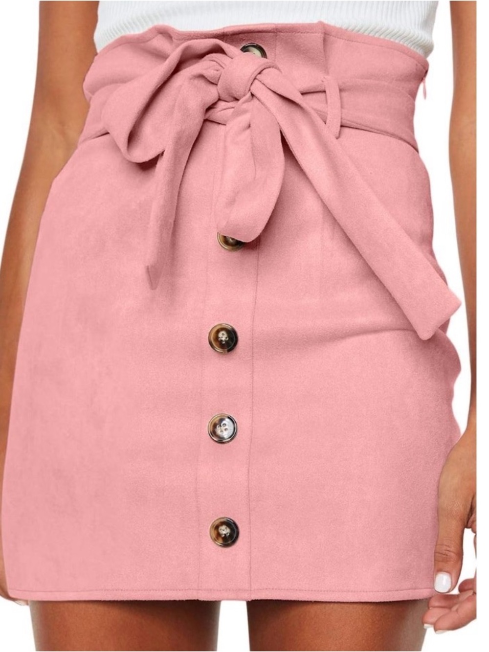 Paper Bag High Waist Button-Front Tie Waist Faux Suede Mini Skirt - Dusty Rose